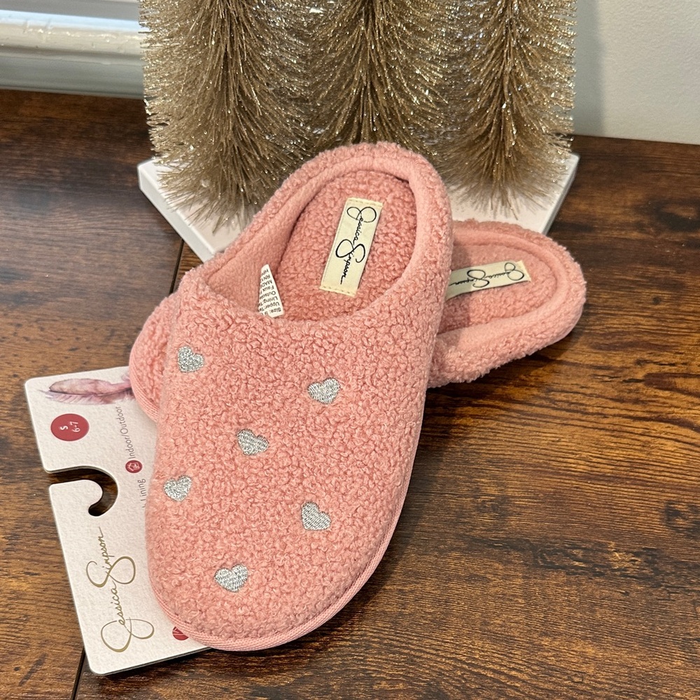 Jessica Simpson Pink Plush Slippers with Gray Accents